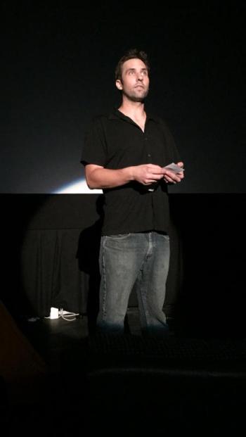 Ryan Leighton speaks about his film at the opening night of “Walking Home” in Boothbay Harbor. SUZI THAYER/Boothbay Register