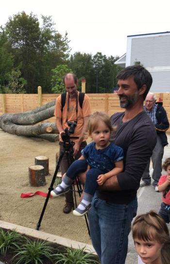 Bill Joyce and his daughter Lily at a Sept. 8 ribbon-cutting ceremony for the natural playground at the Boothbay YMCA Montessori school. MATTHEW STILPHEN/Boothbay Register