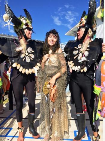 Adele, left, and Andy Bielli, the Warriors, stand guard over the Boothbay Region Harbor Fest Fishin’ for Fashion Show at Rocktide Inn. SUZI THAYER/Boothbay Register