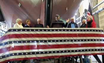 From left, Lee Doughty, Lee Tregurtha, Paul Tregurtha, Bruce Doughty, Malcolm MacLeod (Moran's retired President & CEO), Caroline Waldman, and Valentine MacLeod. SUZI THAYER/Boothbay Register