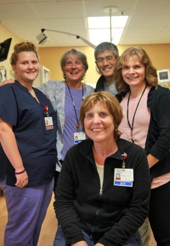 Rachel Manning, RN (seated) with members of the Urgent Care Center team at the St. Andrews Campus of LincolnHealth. Behind Manning (left to right) are Robyn Ham, Emergency Department Technician, Joanie Rioux, RN, James Li, MD, and Urgent Care Center Manager Carole Sharkey, RN. Courtesy of LincolnHealth