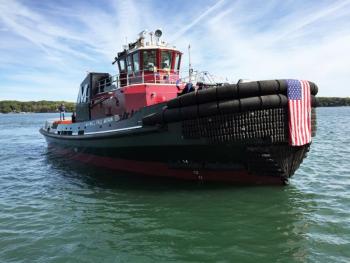 The Maxwell Paul Moran was launched at Washburn & Doughty on Friday, Sept. 30. It was the 39th in a series of tugboats built by the boatyard for Moran Towing Corporation. Courtesy of Justin Clark