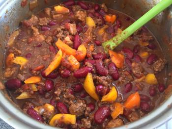 Pretty chili — with sweet orange and yellow peppers — is great on a pretty chilly day. SUZI THAYER/Boothbay Register