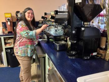 BUZZ MAINE owner Jennifer Van Horne pours an espresso from her state-of-the-art espresso machine. SUZI THAYER/Boothbay Register