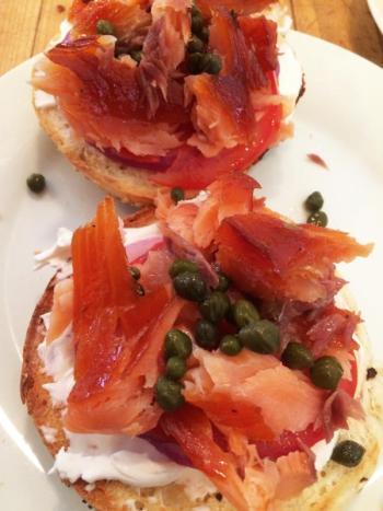 The final product, on bagels with cream cheese and capers. Courtesy of Jon Lewis