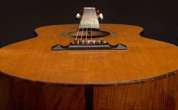 Gorgeous Torrefied curly maple small jumbo Big Wave Guitar with torrefied Sitka top. Mike Gerstner photo