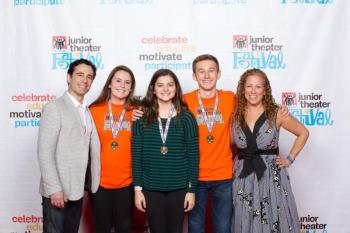 Outstanding Student Director/Choreographer – Boothbay Region YMCA Y-Arts official photo, from left: Broadway choreographer, director and performer Christopher Gattelli (South Pacific,Newsies), student Jackie McLoon, student Noelle Timberlake, student Rick Hicsher, New York Times best-selling-author Jodi Picoult (Between the Lines). James Barker photo