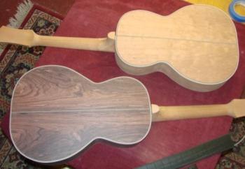 Beeswing mahogany and Indian rosewood parlor guitar backs Big Wave Guitars
