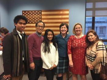 U.S. Sen. Susan Collins welcomes Boothbay Region residents to Washington, D.C. on Jan. 20 for President Donald J.Trump’s inauguration. Pictured, from left: Karl Alamo, Aqalino Alamo and Ariel Alamo, all of Boothbay; Collins, State Rep. Stephanie Hawke of Boothbay Harbor and Charito Alamo of Boothbay. Courtesy photo