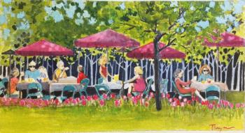An outdoor cafe in Quebec City, where I had breakfast one morning 20 years ago. Painting by Suzi Thayer