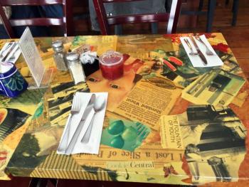 A decoupaged table at Crissy’s Breakfast & Coffee Bar. SUZI THAYER/Boothbay Register