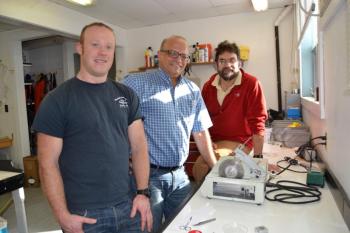 From left, Carl Huntsberger, graduate student in the University of Maine School of Marine Sciences, Dr. Raouf Kilada, of the University of New Brunswick, and Dr. Rick Wahle, University of Maine researcher professor. Dr. Kilada visited UMaine’s Darling Marine Center in Walpole this winter to share his technique for determining the age of lobsters. Courtesy photo