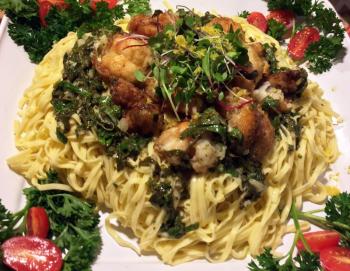 This is a HUGE platter of Mimi’s shrimp scampi. SUZI THAYER/Boothbay Register