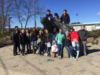 BRHS students gather around the University of New Hampshire Wildcat statue. Pictured are, front from left: Lovely Uberita, John Rollins, Kayla Lewis, Brooke Harmon, Page Brown, Kyle Ames, Maddy Gaudette, Lincoln Hamblett, Jo Shaw, Evy Case, Summer Chamberlin and Tyler Field; top from left: Cameron Crocker, Sam Burnham and Jake Brewer. Courtesy of Kerrin Erhard/BRHS