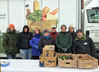 The team of volunteers at the Good Shepherd Food Mobile distribution on March 2 were, from left, Robert Jordan, Andy Poulin, Laurie Bean, Betsy Wing, Fleet Davies, Greg Barter, Nat Wing and Steve Granholm. Not shown are Brad Hastings, Ken Fitch and Gordon Goldsmith. SUZI THAYER/Boothbay Register