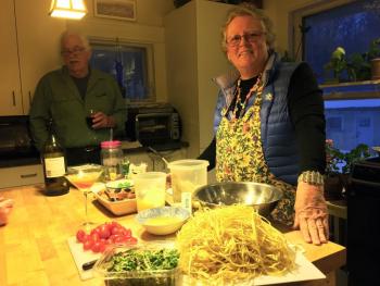 Mimi Hunt cooked her famous shrimp scampi at my house in Edgecomb last week. SUZI THAYER/Boothbay Register