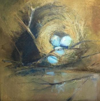 Newcastle artist Carolyn Wiley’s painting featuring robin eggs shouts spring! Courtesy of River Arts