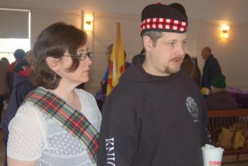 Nina Beckwith of Freeport and Curtis Sprague of Topsham dress in traditional Scottish clothing. ART MAYERS/Boothbay Register