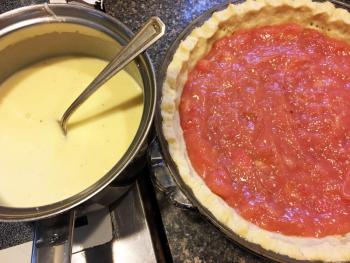The custard will be poured over the rhubarb, and baked. SUZI THAYER/Boothbay Register