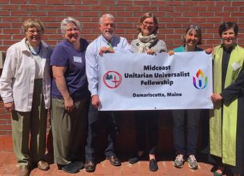 Members of the Welcoming Congregation Committee who helped guide the Fellowship’s efforts to be officially recognized were thrilled to pose outside the Skidompha Library following Sunday's service, from left, Sandra Barth, Carol Robins, John Adams, Julia Fitz-Randolph, Kate Pennington and the Reverend Erika Hewitt. Courtesy photo
