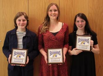 Women’s track team award winners, from left, Elisabeth Wright, Coaches Award, Loren Genrich, MVP, and Reagan Cola, Most Improved. SUE MELLO/Boothbay Register.