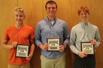 Men’s track team award winners, from left, Draco Peaslee, MVP, Connor Demmons, Coaches Award and Blake Erhard, Most Improved. SUE MELLO/Boothbay Register.