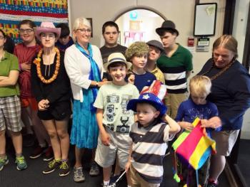 Toby LeConte, right, special education teacher, with some of her students, wait for the seniors. SUZI THAYER/Boothbay Register