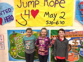 BRES students, from left, Maria Michael, Suzie Edwards and Clayton Splaine gathered the most donations for the Jump Rope for Hearts event. STEVE EDWARDS/Boothbay Register