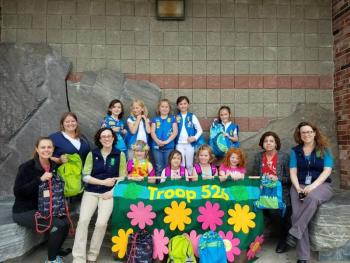 Troop 526 presents “First Night Bags”. Pictured from left are, bottom row: Loghan Walker from BRYMCA, Troop co-leaders Krystle Hodgdon and Tonia Blake, Daisies Jessica, Mahea, Adaline and Beatrice, Child Welfare Program Administrator Ilene Ford, Troop co-leader Charlinda Carlson; back row: Daisies Gigi, Arabella, Eleanor, Natalie and Olivia. Courtesy photo