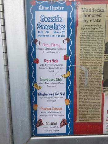 Christie Gillies Seaside Smoothies menu at Mine Oyster. SUZI THAYER/Boothbay Register