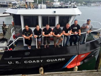 A crew from the Boothbay Harbor Coast Guard station stops by for smoothies on July 18. Courtesy of Kim Gillies