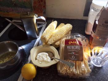 Native corn, good pasta, ricotta, lemon, garlic, and a little bourbon, in prep stage for dinner. SUZI THAYER/Boothbay Register