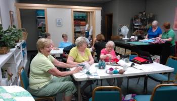 In the new room, the knitters group works on projects for the community. JANE CARPENTER/Boothbay Register