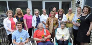 Present at the June meeting are, from left, front row: Patrick White, DAR Good Citizen Award Winner from Medomak Valley H.S., Vice Regent Mickey Brown, Flora Hewitt; back row: Sara Fahnley, Joannie Oram, Barbara Belknap, Miriam Buckley, Jean Hoyenski, Deborah DeGroff, Clara Wentworth, Shirley Peverly, Melba Gunnison, Carolyn Harris and Regent Audrey Miller. Courtesy of Diane Randlett