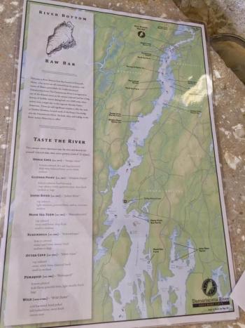 The menu at River Bottom Raw Bar features a map indicating the oyster farms on the Damariscotta River represented by the new business. SUZI THAYER/Boothbay Register