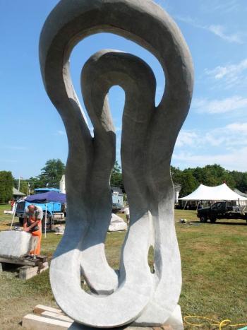 Back view of a sculpture Miles Chapin of Arowsic completed during the live sculpture event at Boothbay Railway Village as part of the Maine Coast Stone Symposium. LISA KRISTOFF/Boothbay Register Miles Chapin, Arrowsic, ME