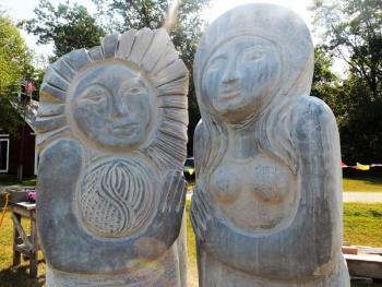 Lisa Becu of Tenant’s Harbor sculpted this diptych of the sun and moon. LISA KRISTOFF/Boothbay Register Lise Becu Tenants Harbor ME
