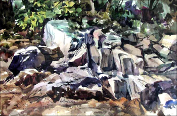“Maine Coastal Rocks” - watercolor, Tony van Hasselt. Courtesy of Hilary Bartlett Tony van Hasselt