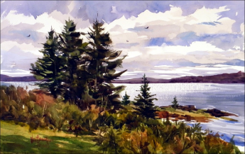 “Maine Island View” - watercolor, Tony van Hasselt. Courtesy of Hilary Bartlett Tony van Hasselt
