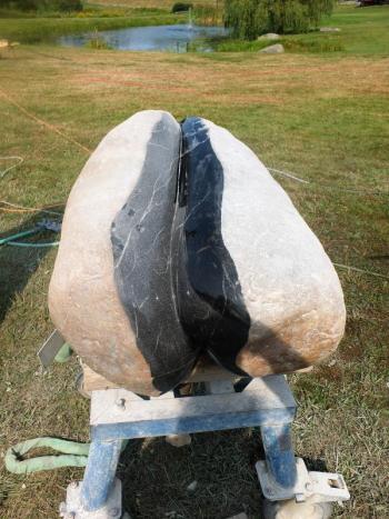 This basalt sculpture by Mark Herrington of Franklin awaits placement on its base. LISA KRISTOFF/Boothbay Register Mark Herrington, Franklin ME