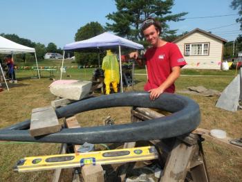 Sam Betts’ drop of water sculpture – Betts’ first work in stone – awaits placement on its base. LISA KRISTOFF/Boothbay Register Sam Betts