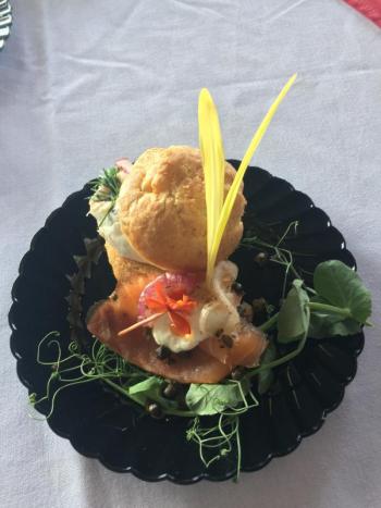At Fisherman’s Wharf, Chef Stephen Richards served a smoked salmon belly, mascarpone stuffed gruyere with maple,cracked black pepper cured cold smoked salmon with olive oil whipped ricotta, smoked salmon roe and hot smoked salmon pickled onion cintronette. Yes, that is a mouthful. SUE MELLO/Boothbay Register