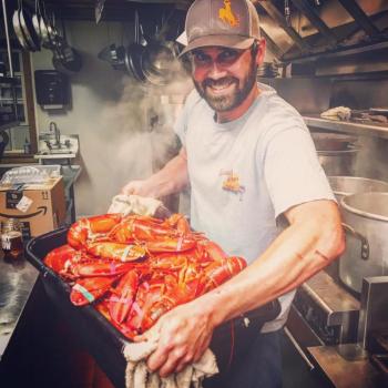 Kelly Patrick Farrin, winner of the Chefs’ Choice Award at Claw Down, gets prepared for a long night. Courtesy of Kelly Patrick Farrin