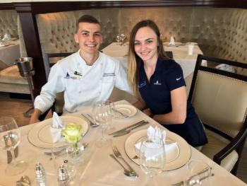 Chef Nathaniel Adam with girlfriend Megan Conway in the dining room of Paul’s Steak House at the Boothbay Harbor Country Club. SUZI THAYER/Boothbay Register