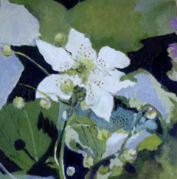 “Blue Ribbon Flower,” 20” x 20” oil on canvas by Marcia Brandwein. Website image Marcia Brandwein