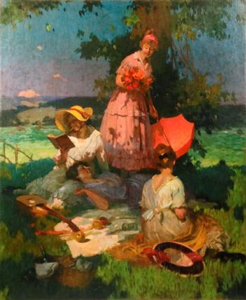 Louis Jambor’s (NY/Hungary, 1884-1955) monumental 1920 oil on burlap work titled “The Picnic.” Courtesy of Thomaston Place Auction Galleries Louis Jambor