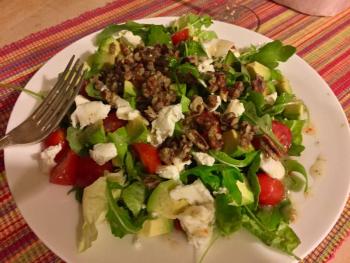 A big bowlful of salad with fresh mozzarella and salted, candied pecan pieces. Hello. SUZI THAYER/Boothbay Register