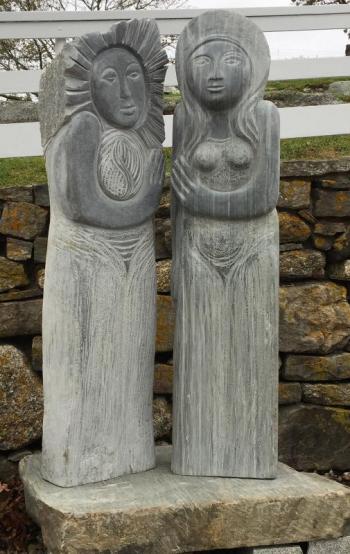 Lise Becu’s “Sun and Moon,” completed during the Maine Coast Stone Symposium this past August, is now installed in the courtyard at House of Logan. Lise Becu