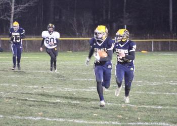 Boothbay wingback Hunter Crocker tied Nov. 10’s Class E Championship game with a 43 yard catch and run against Maranacook. Boothbay won, 20-14, capping a 10-0 season. STEVE EDWARDS/Boothbay Register