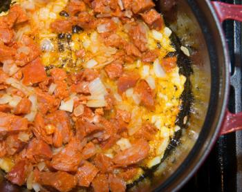 Cherie Scott’s chorizo Basmati rice stuffing is cooked before being stuffed into the Cornish hens. Coutesy of Ted Axelrod Photography